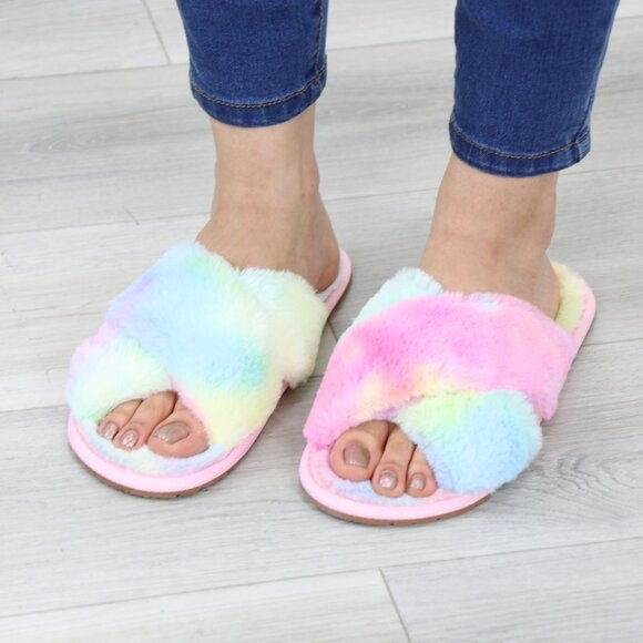 Cross Strap Tie Dye Multi Color Puff Fuzzy Furry Fluffy Slip On Plush Slippers - Picture 2 of 15